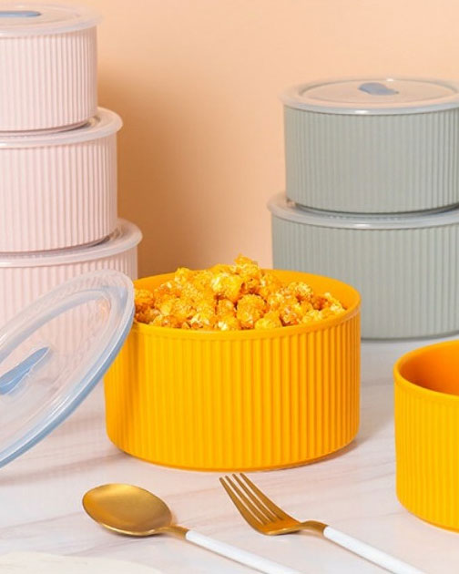 Ribbed 3 Piece Lunch Box with Lid - Orange 