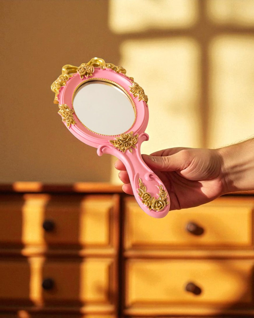 Vintage Aqua Floral Hand Mirror - Pink 