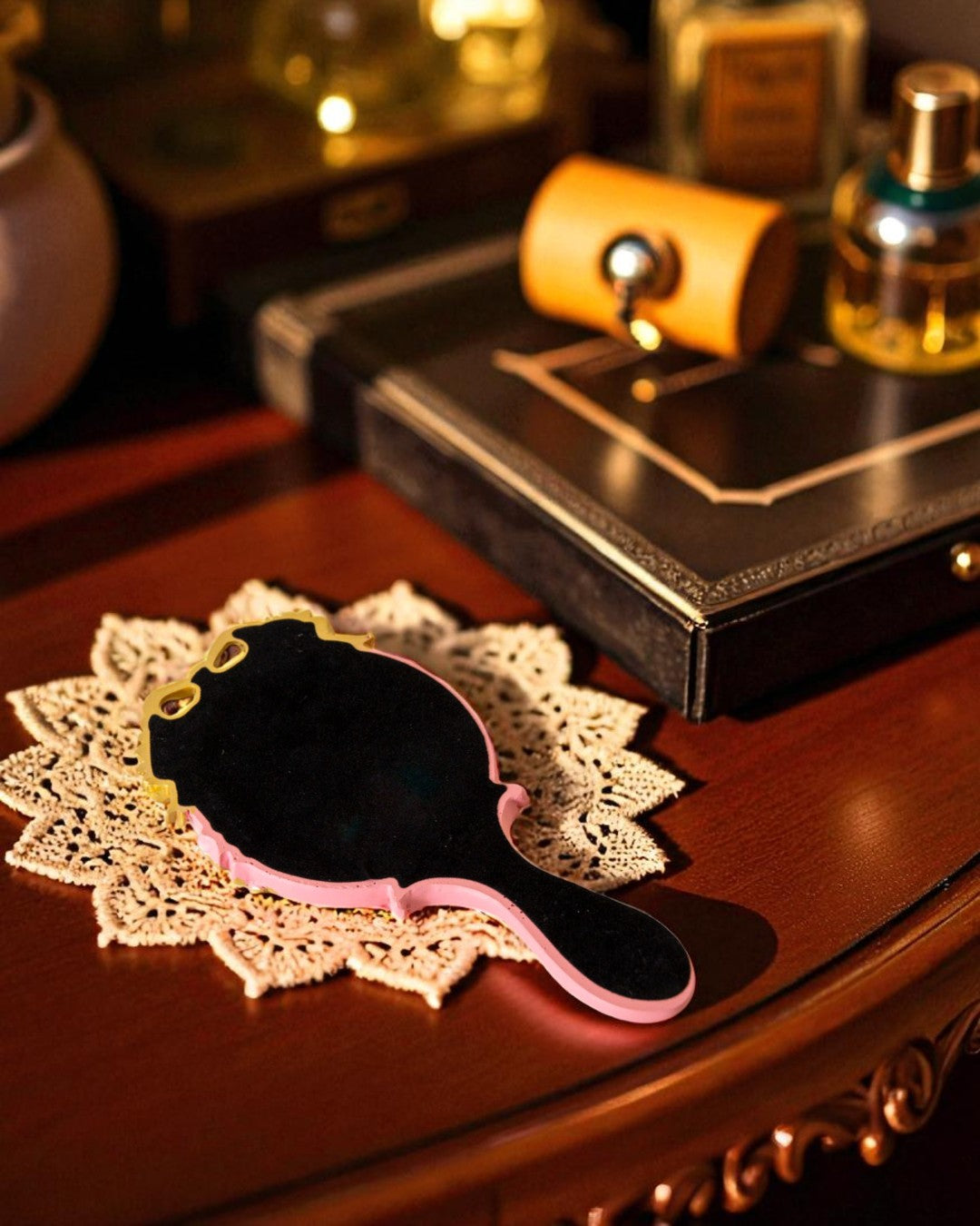 Vintage Aqua Floral Hand Mirror - Pink 