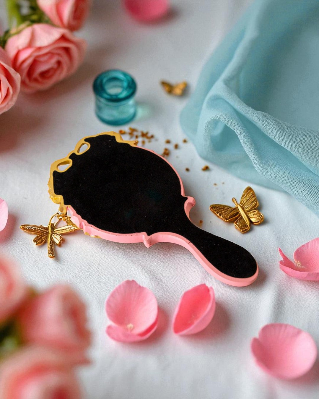 Vintage Aqua Floral Hand Mirror - Pink 