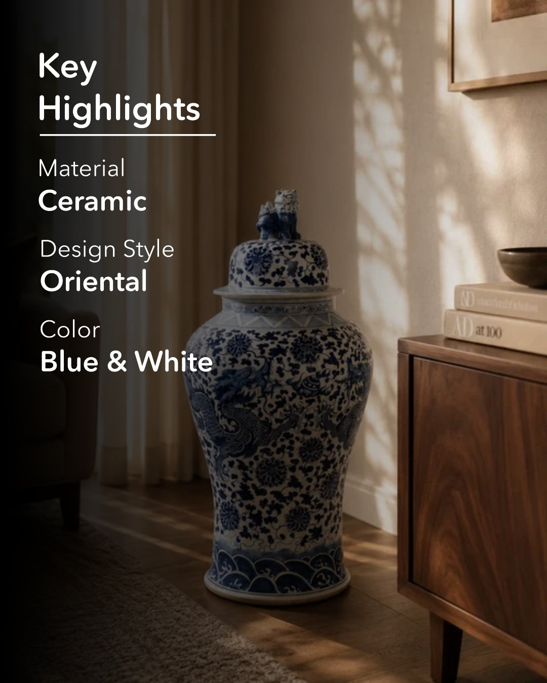 Grand Floral Blue & White Temple Jar with Guardian Lid - 120 CM 
