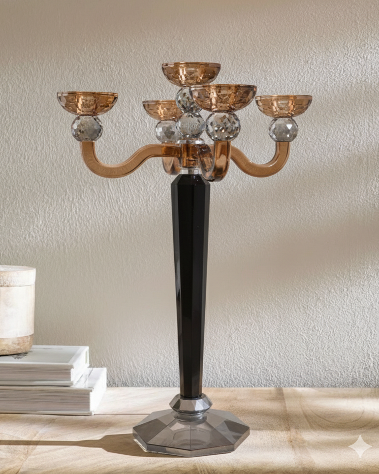 5-Arm Amber Luxe Crystal Candle Stand 