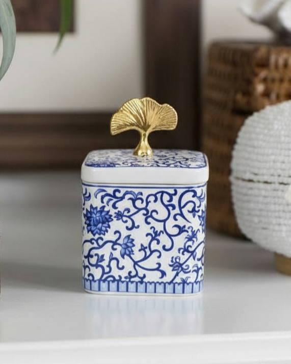 Blue & White Storage Jar With Ginkgo Lid - Set Of 3 