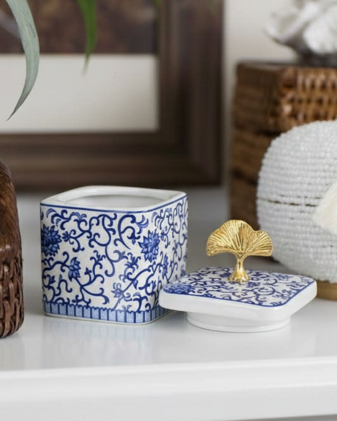 Blue & White Storage Jar With Ginkgo Lid - Set Of 3 