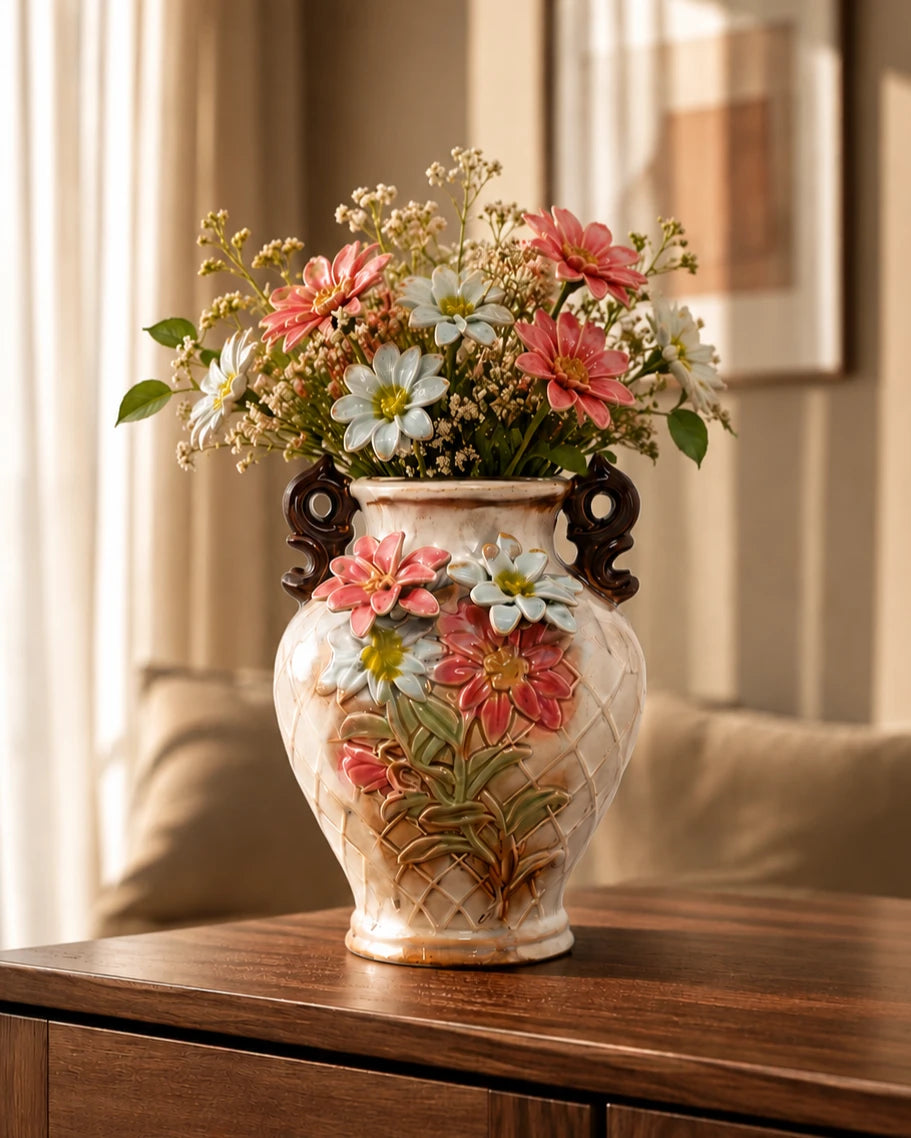 Vintage Bloom Embossed Ceramic Flower Vase 