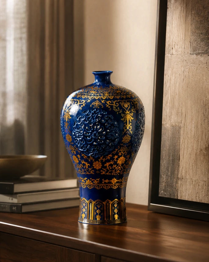Regal Azure Carved Vase 