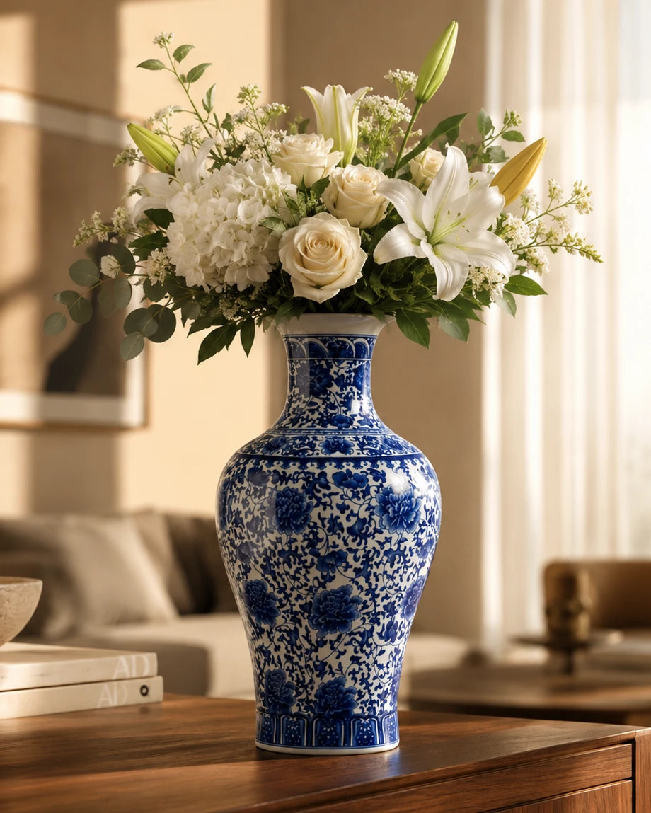 Oriental Indigo Floral Ceramic Vase