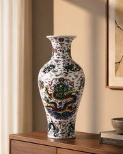 Dragon Motifs Symbolizing Ceramic Vase - White