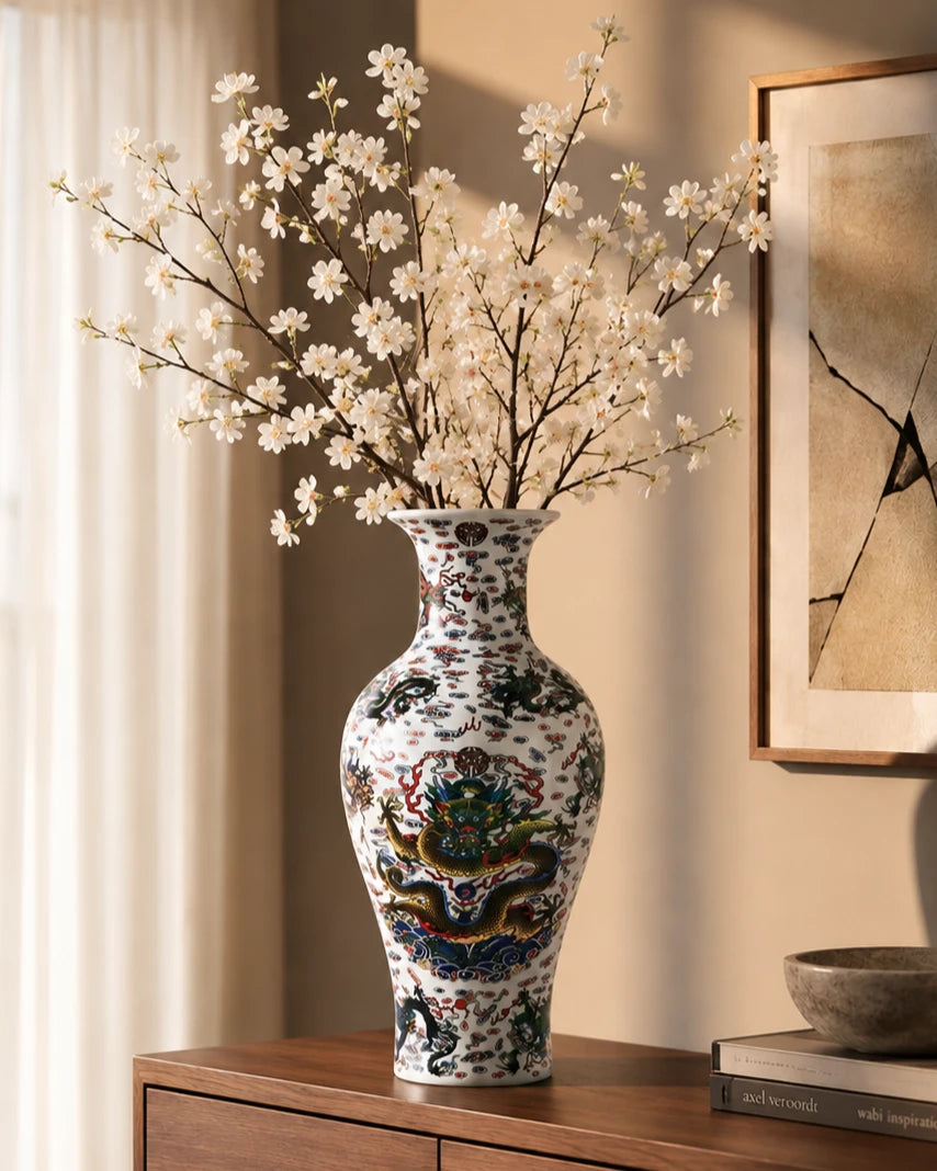 Dragon Motifs Symbolizing Ceramic Vase - White