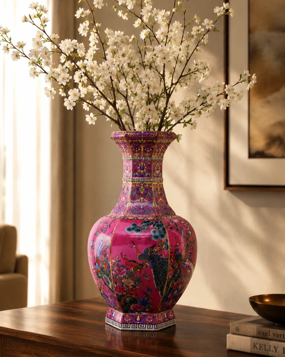 Midnight Bird Motifs Cloisonné Vase - Pink 