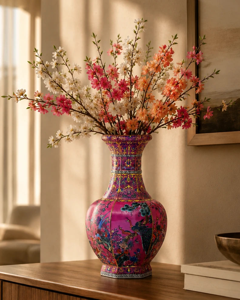 Midnight Bird Motifs Cloisonné Vase - Pink