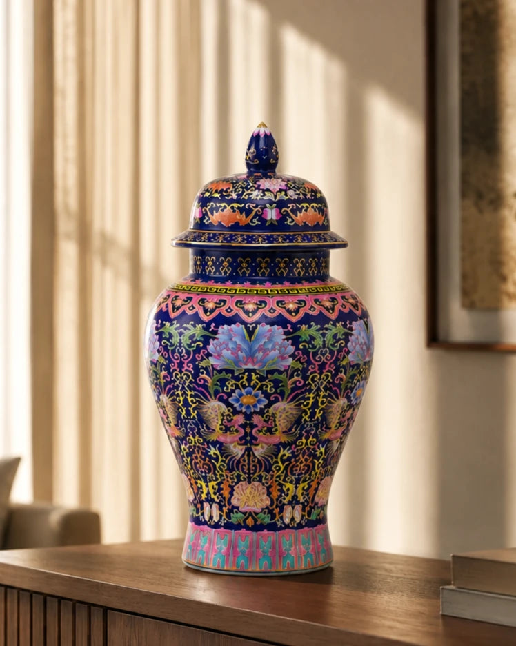 Cloisonné phoenix Temple Jar With Lid - Blue - 39 cm 