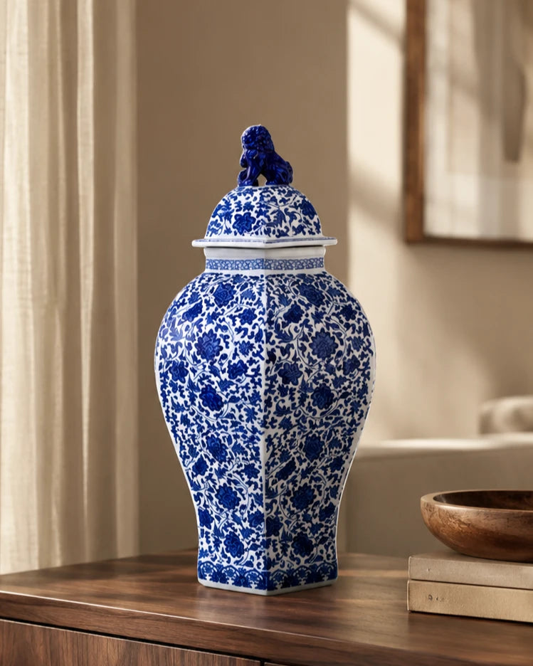 Floral Harmony Temple Jar With Lion Lid - 62 cm 