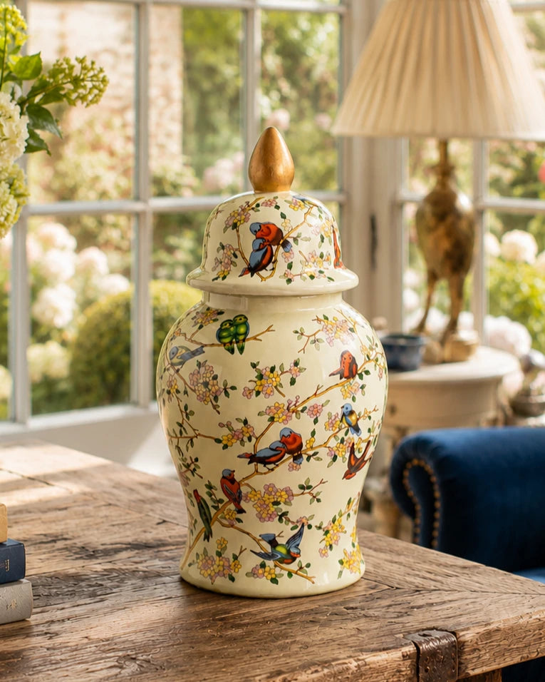Floral Bird Ceramic Temple Jar 