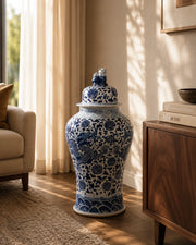 Grand Floral Blue & White Temple Jar with Guardian Lid - 120 CM