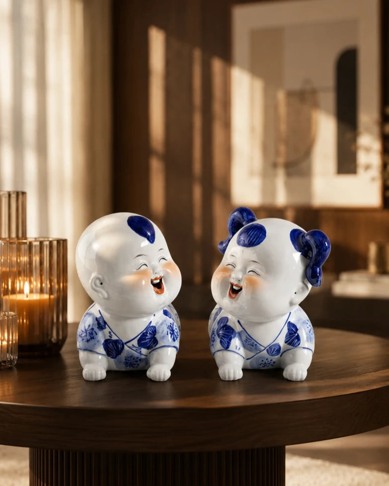 Playful Twin Monk Figurines - Set Of 2 
