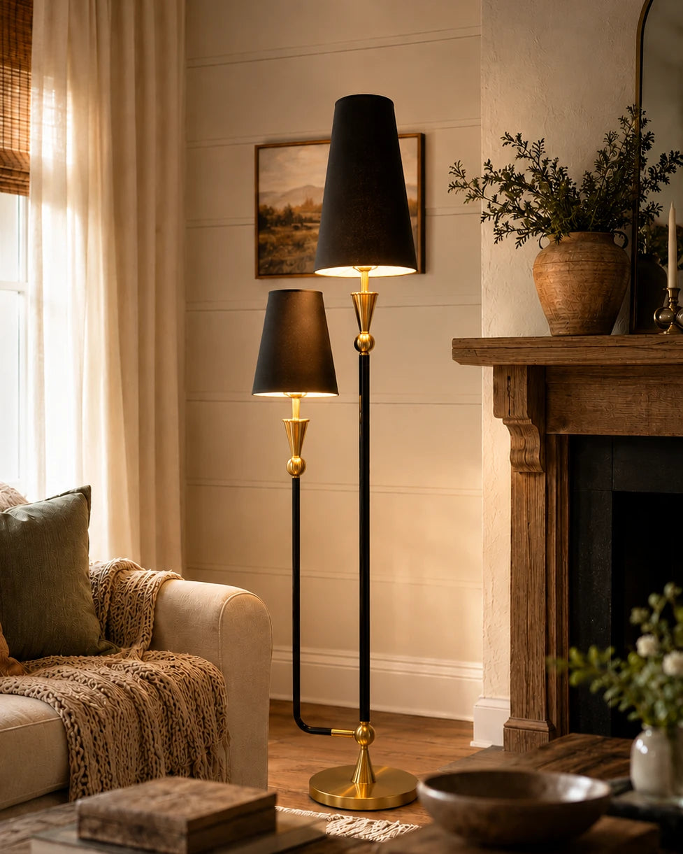Contemporary Twin Light Floor Lamp - Black 