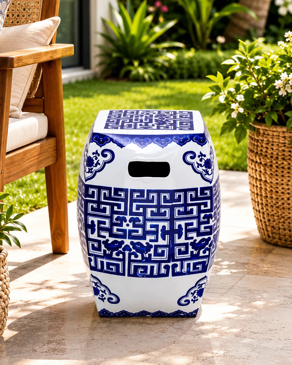 Blue & White Geometric Garden Stool 