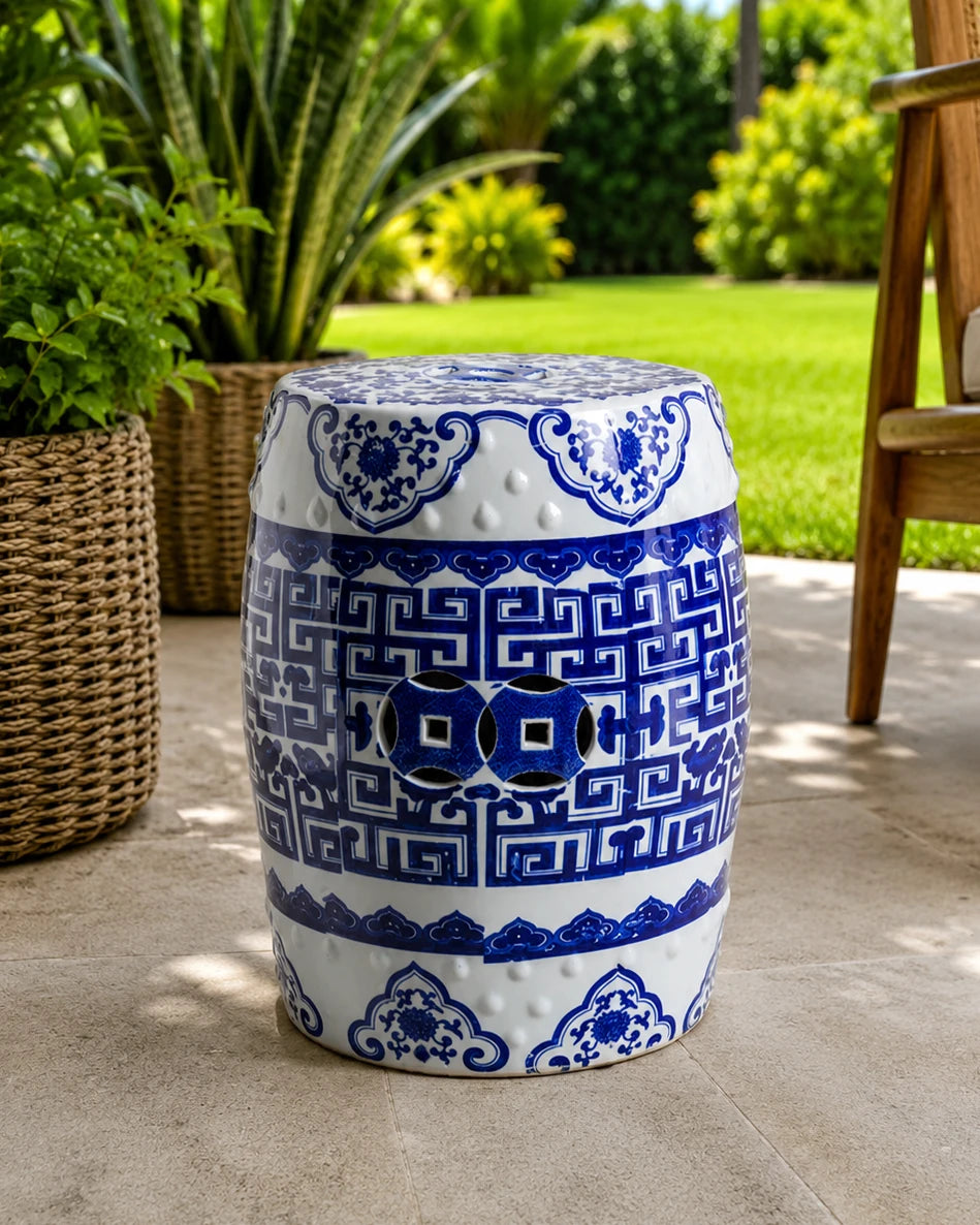 Blue Geometric Porcelain Garden Stool 