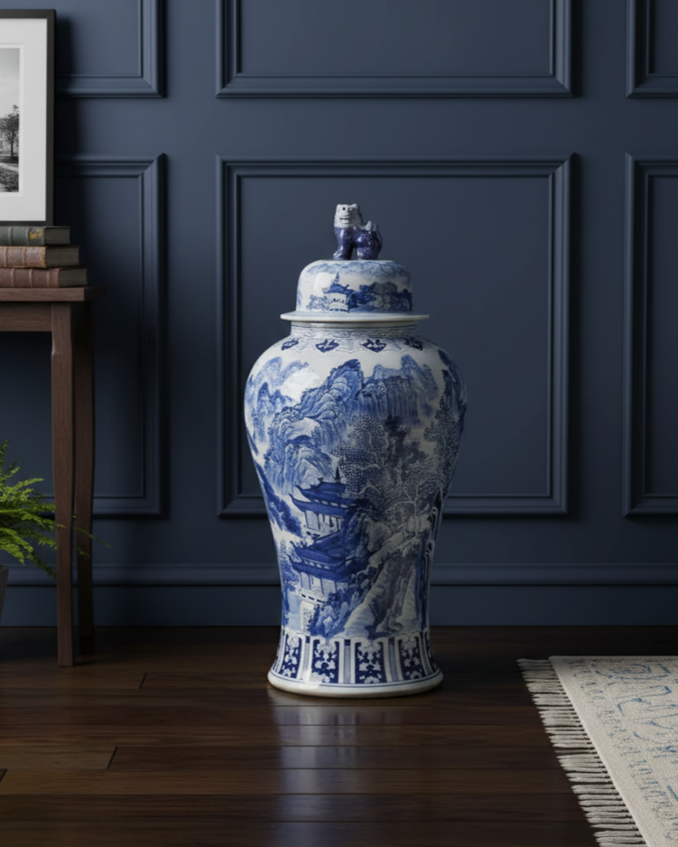 Dynasty Landscape Blue & White Temple Jar With Foo Dog Lid - 92 cm 