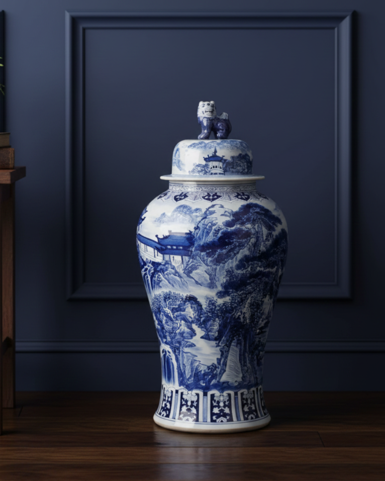 Dynasty Landscape Blue & White Temple Jar With Foo Dog Lid - 92 cm 