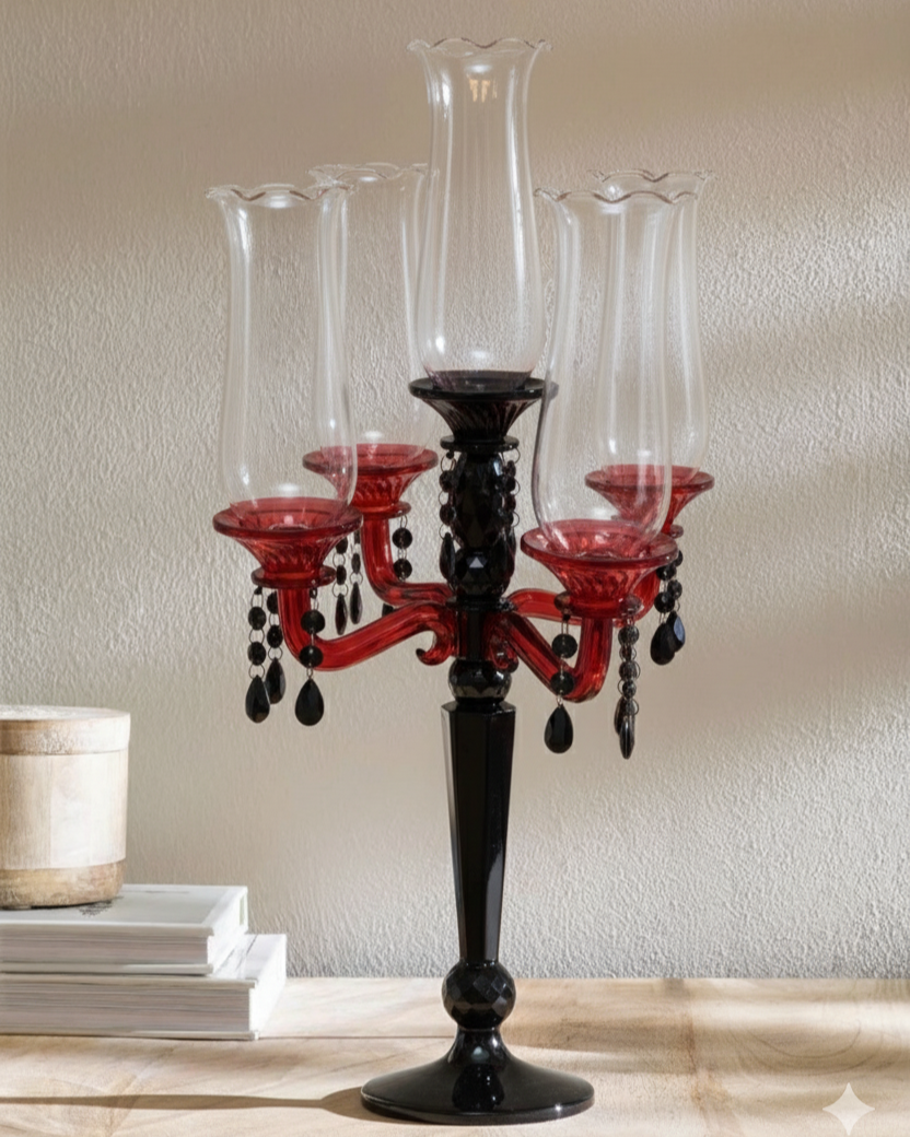 Crimson Noir 5-Arms Glass Candelabra 
