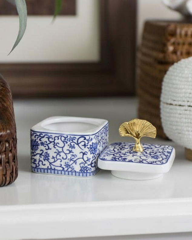 Blue & White Storage Jar With Ginkgo Lid - Set Of 3 