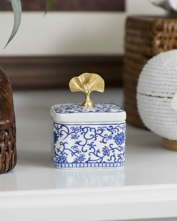 Blue & White Storage Jar With Ginkgo Lid - Set Of 3 