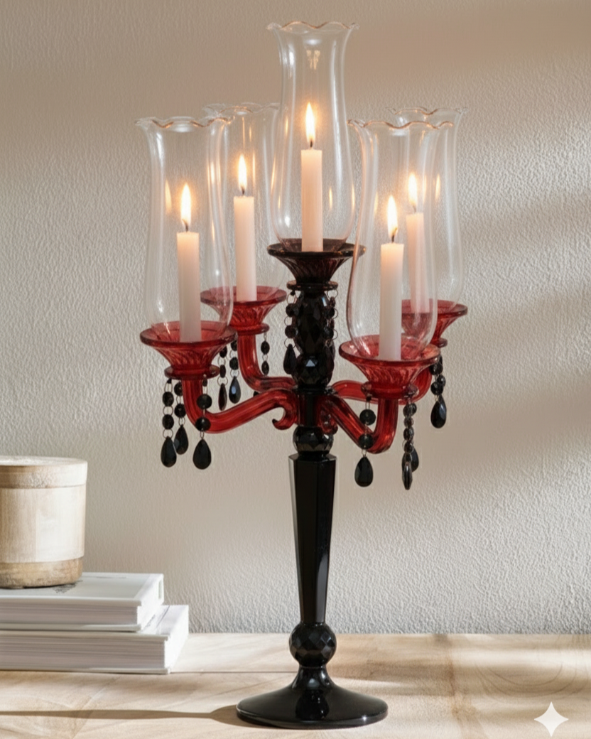 Crimson Noir 5-Arms Glass Candelabra 