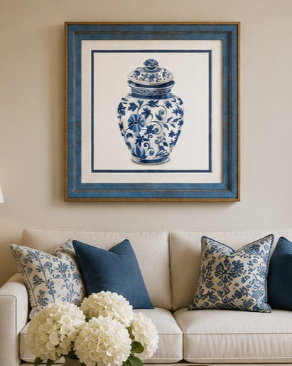 Blue & White Framed Wall art - 12"x12" 