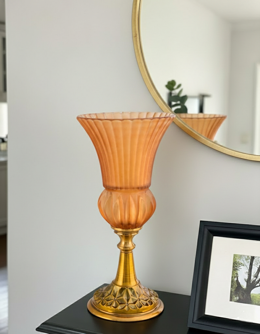 Ribbed Trumpet Glass Vase - Amber 