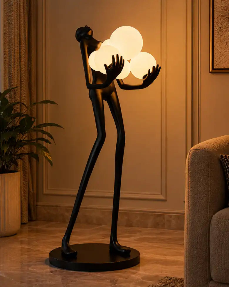 Artistic Human Sculpture Three Globe LED Floor Lamp