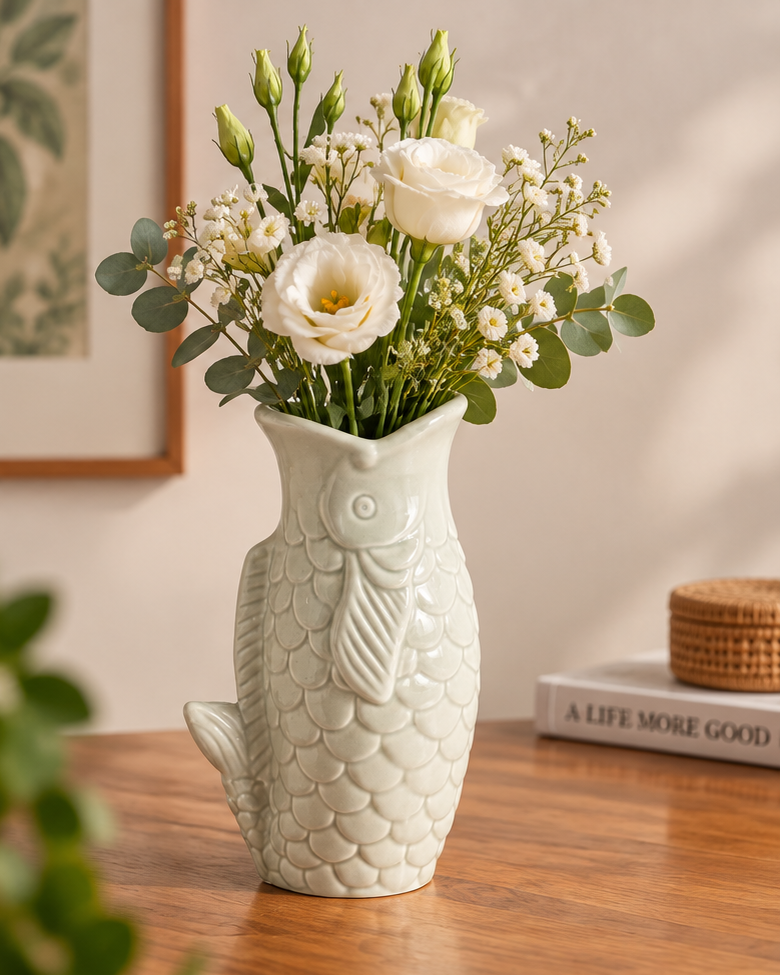 The Sculptural Koi Ceramic Vase - Off White