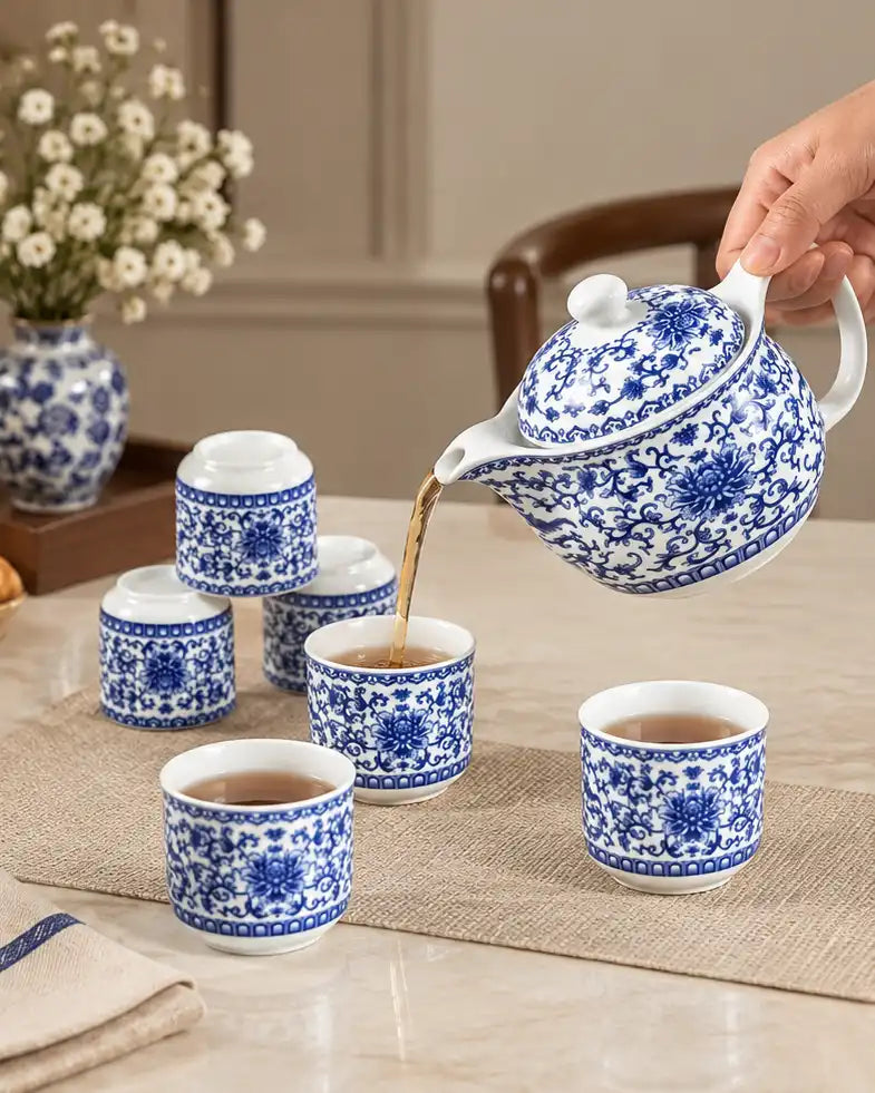 Blue Ornate Floral - 7 Pieces Tea Set
