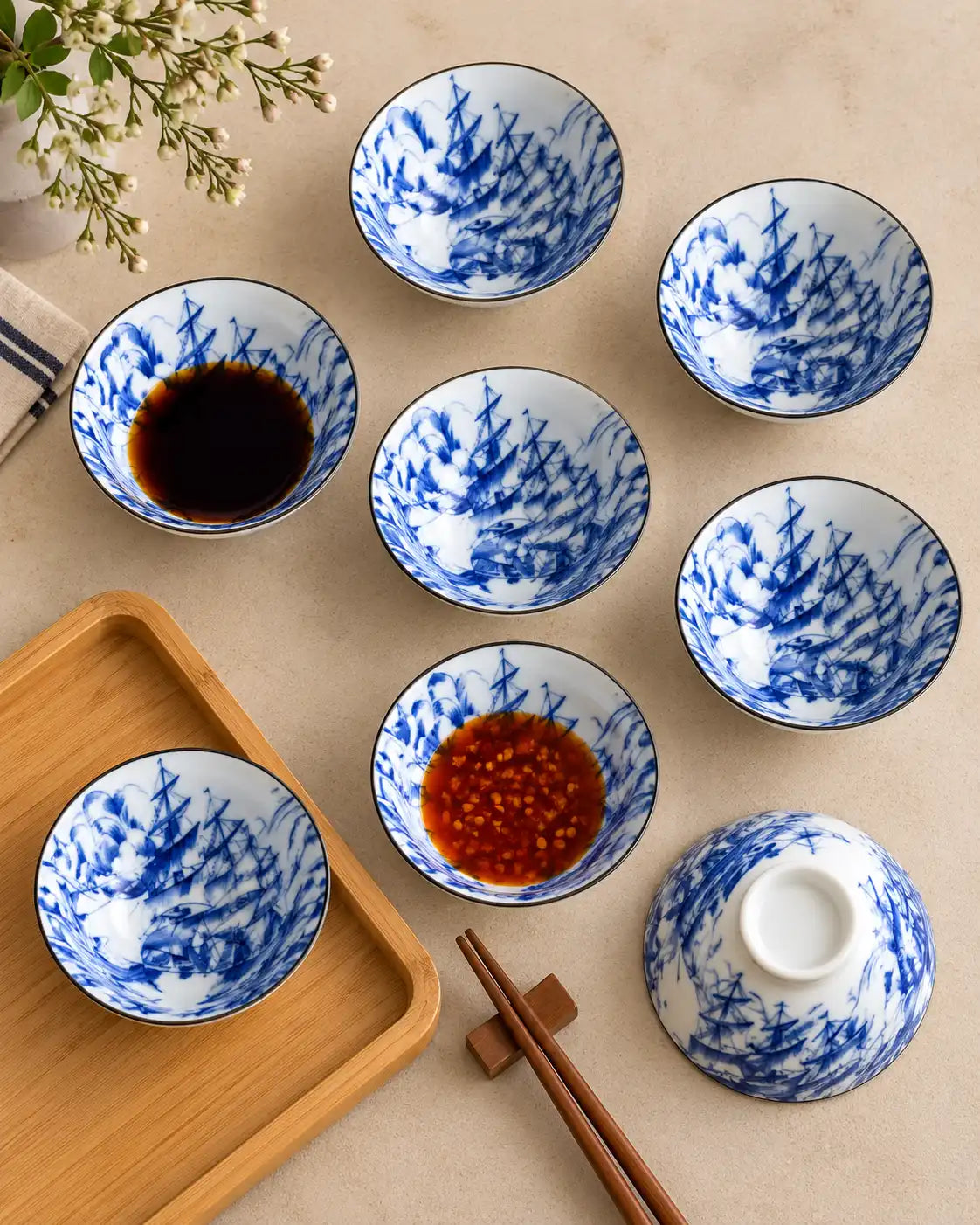 Blue & White Sailing Ship Dip Bowl - Set Of 8
