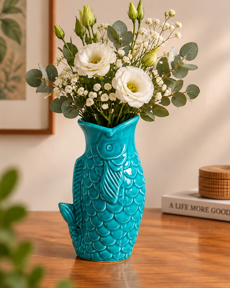 The Sculptural Koi Ceramic Vase -  Turquoise
