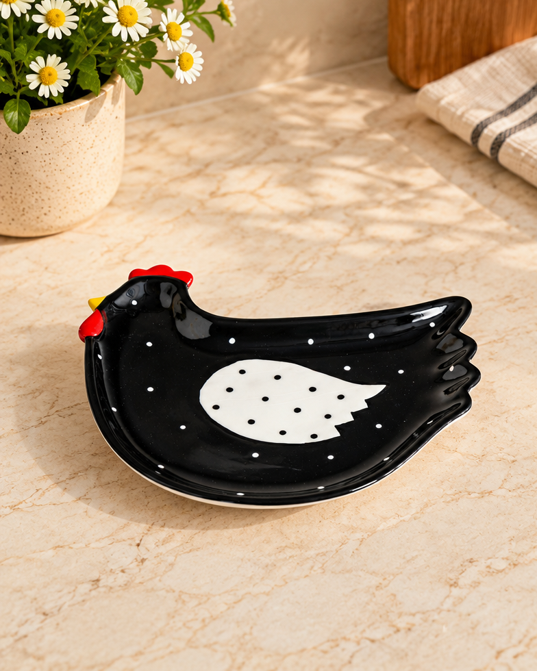 Hen Polka Dot Serving Platter - Black