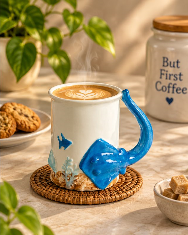 Oceanic Manta Ray Sculpted Ceramic Mug