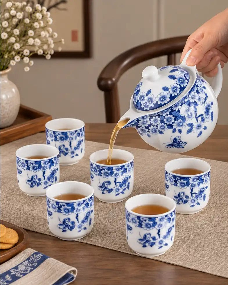 Blue Floral Butterfly - 7 Pieces Tea Set