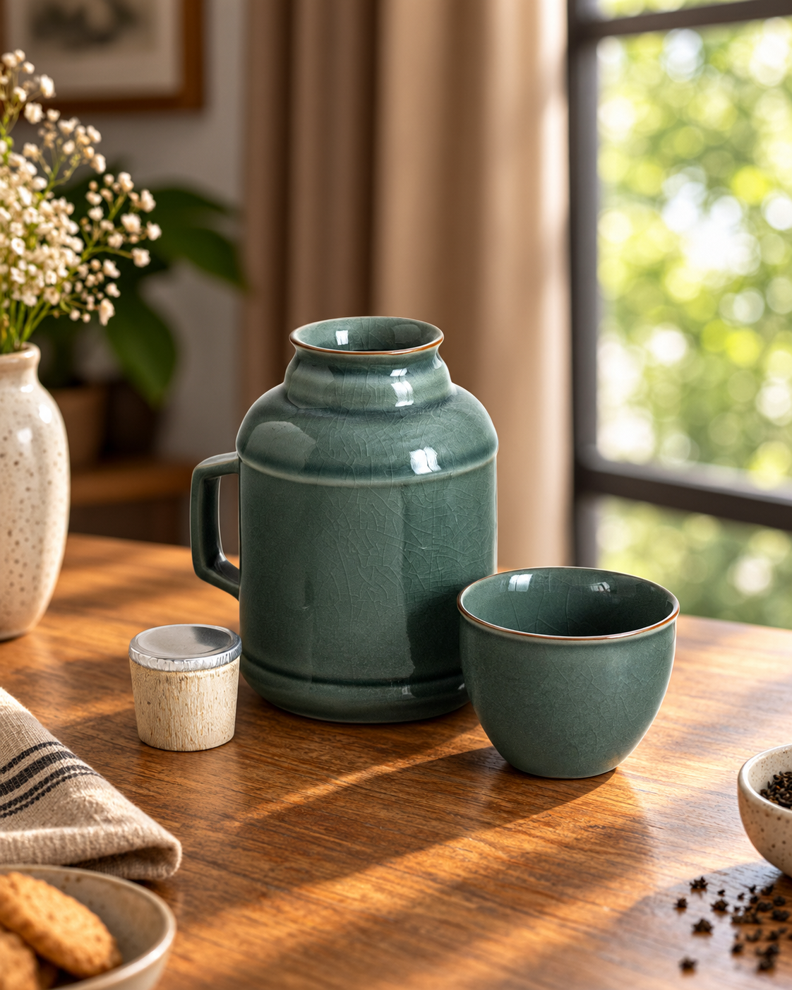Crackle Glaze Carafe & Cup Set - Celadon Green