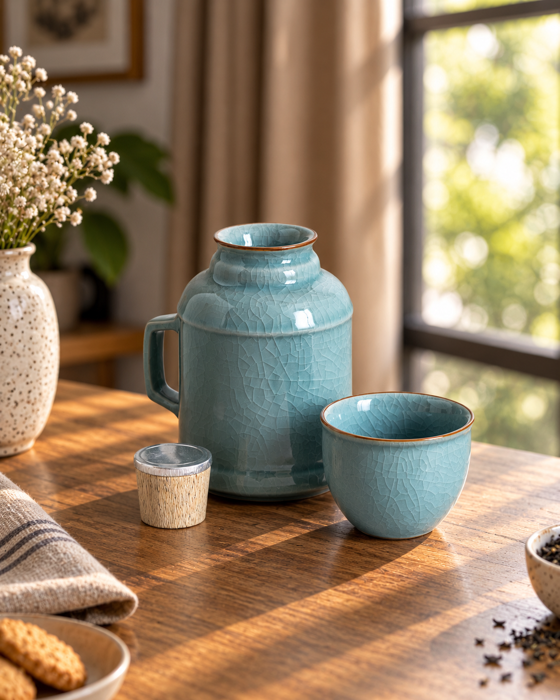 Crackle Glaze Carafe & Cup Set - Ocean Blue