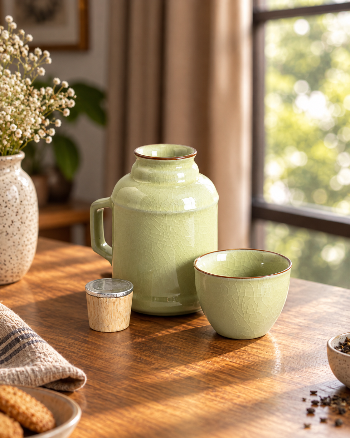 Crackle Glaze Carafe & Cup Set - Pale Sage
