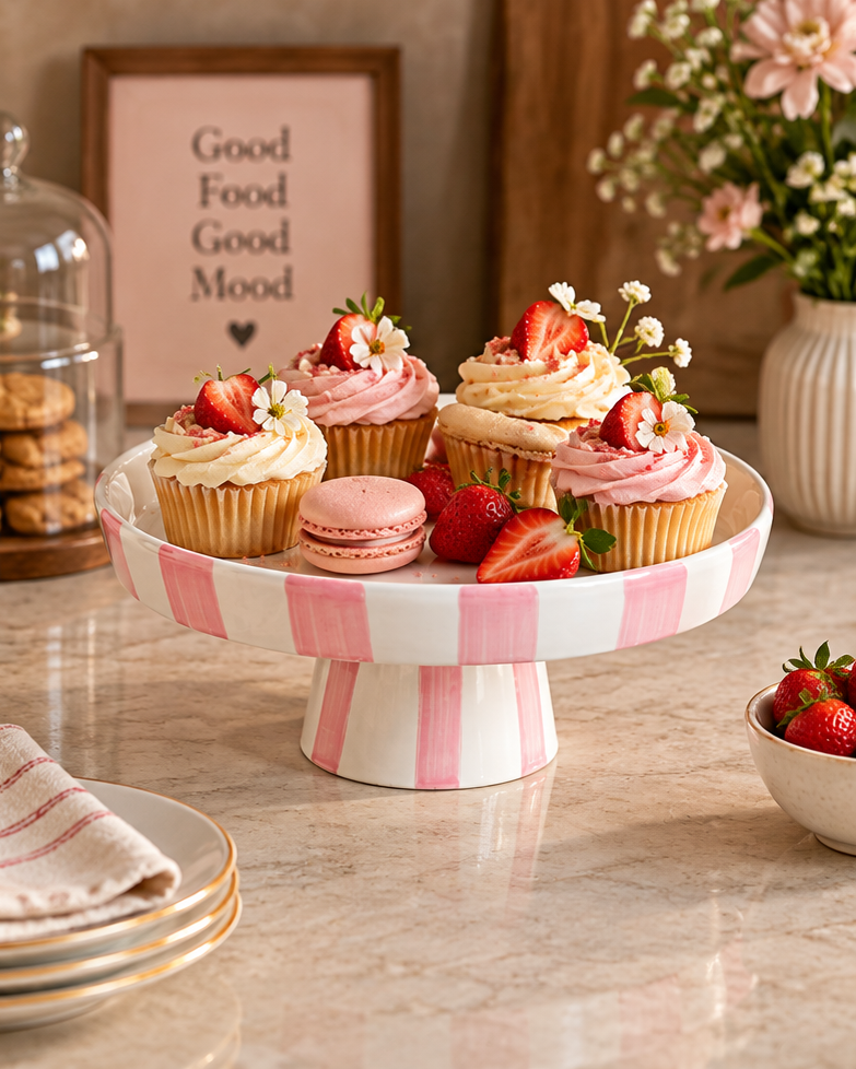 The Cabana Stripe Pedestal Cake Stand - Pink