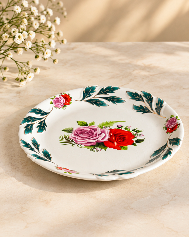 Mauve Rose Round Serving Platter - Green