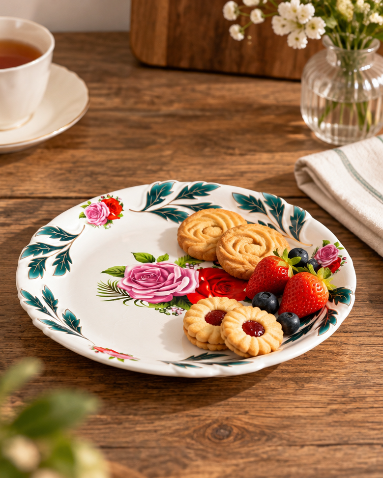 Mauve Rose Round Serving Platter - Green