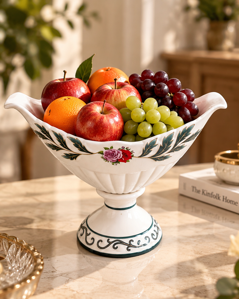 Mauve Rose Pedestal Fruit Bowl - Green