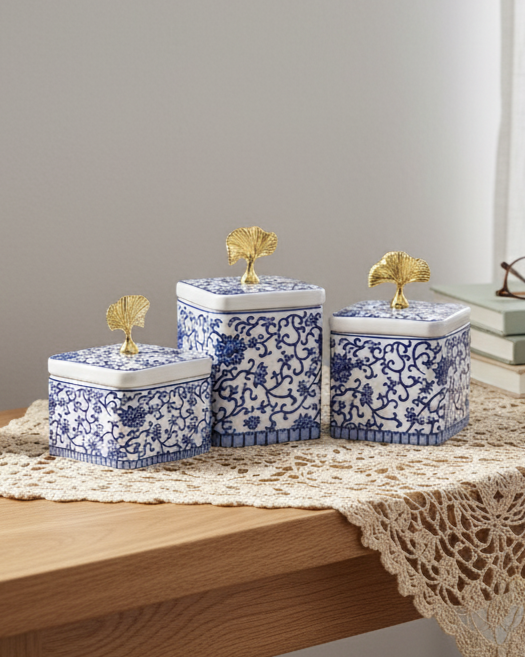 Blue & White Storage Jar With Ginkgo Lid - Set Of 3 