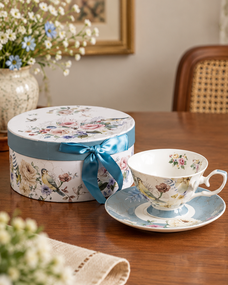 Blue Meadow Songbird Teacup & Saucer