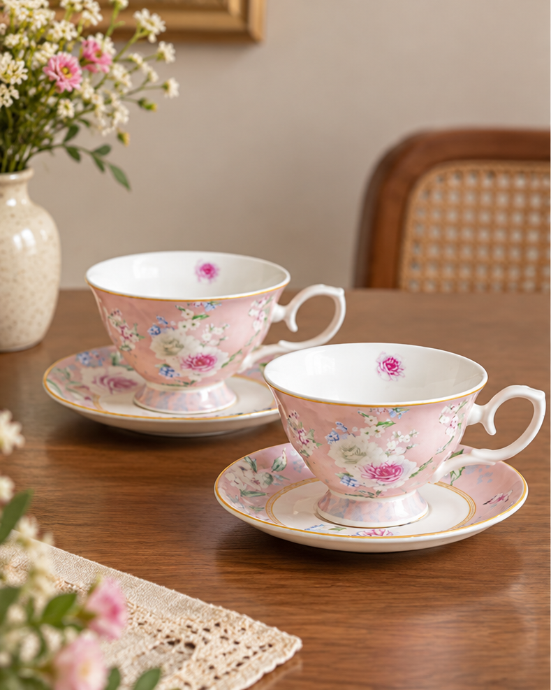 Pink Meadow Cup & Saucer - Set of 2