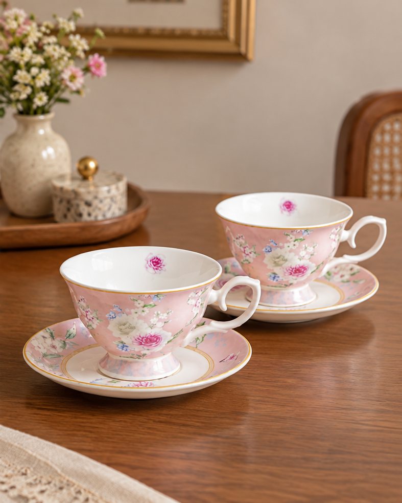 Pink Meadow Cup & Saucer - Set of 2